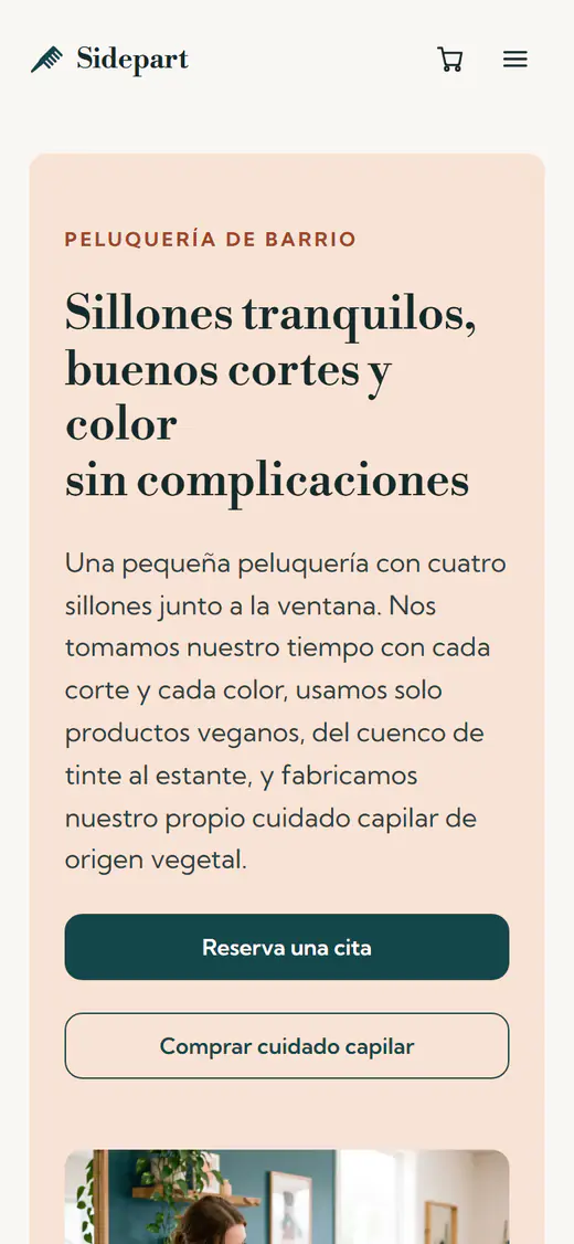 Plantilla web para peluquerías, en el móvil