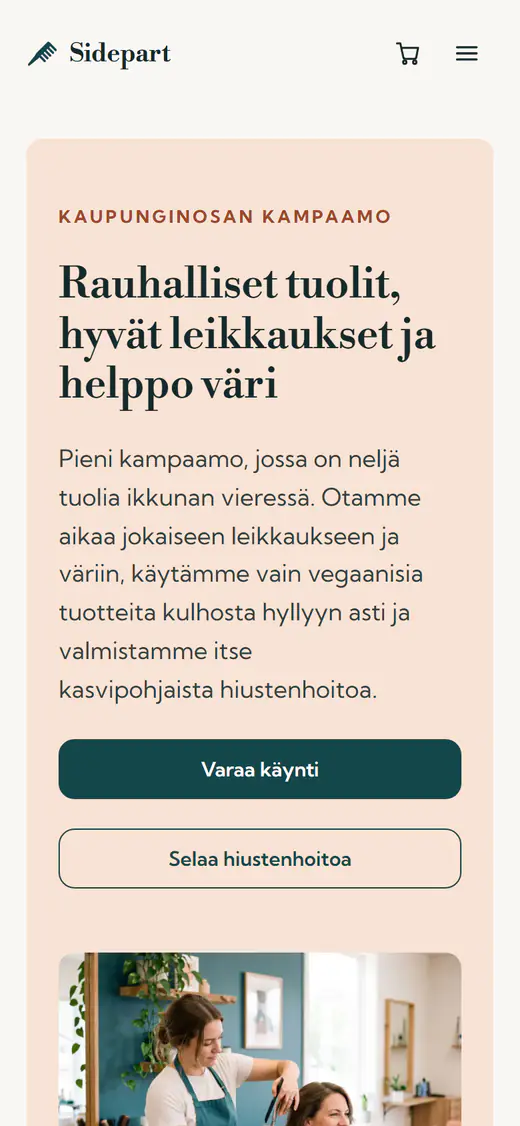 Kampaamon verkkosivupohja, puhelimella