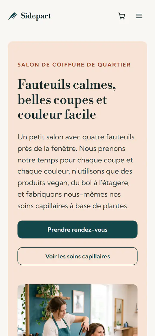 Modèle de site pour salon de coiffure, sur téléphone