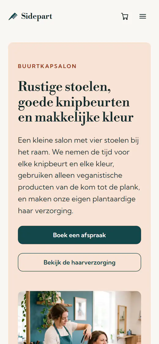 Websitesjabloon voor een kapsalon, op een telefoon