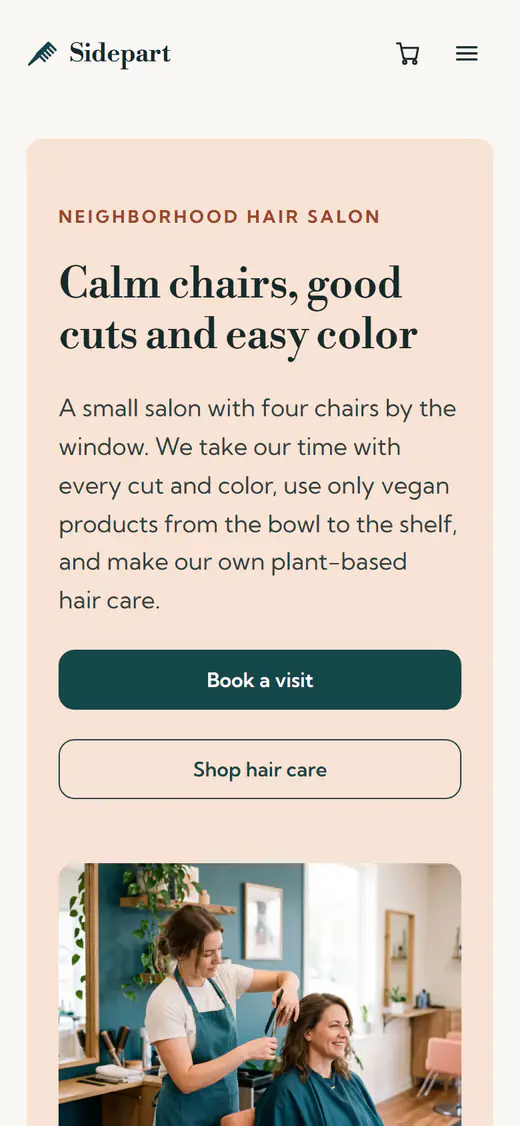 Hair salon website template, on a phone