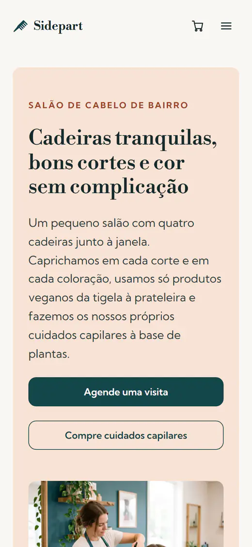 Modelo de site para salão de cabelo, no celular