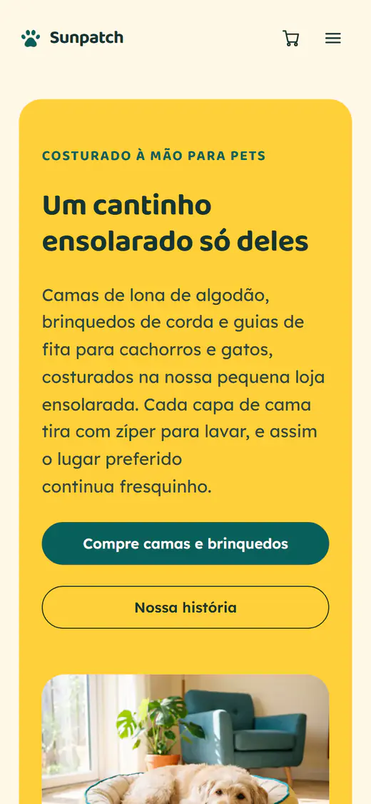 Modelo de loja de produtos para pets, no celular