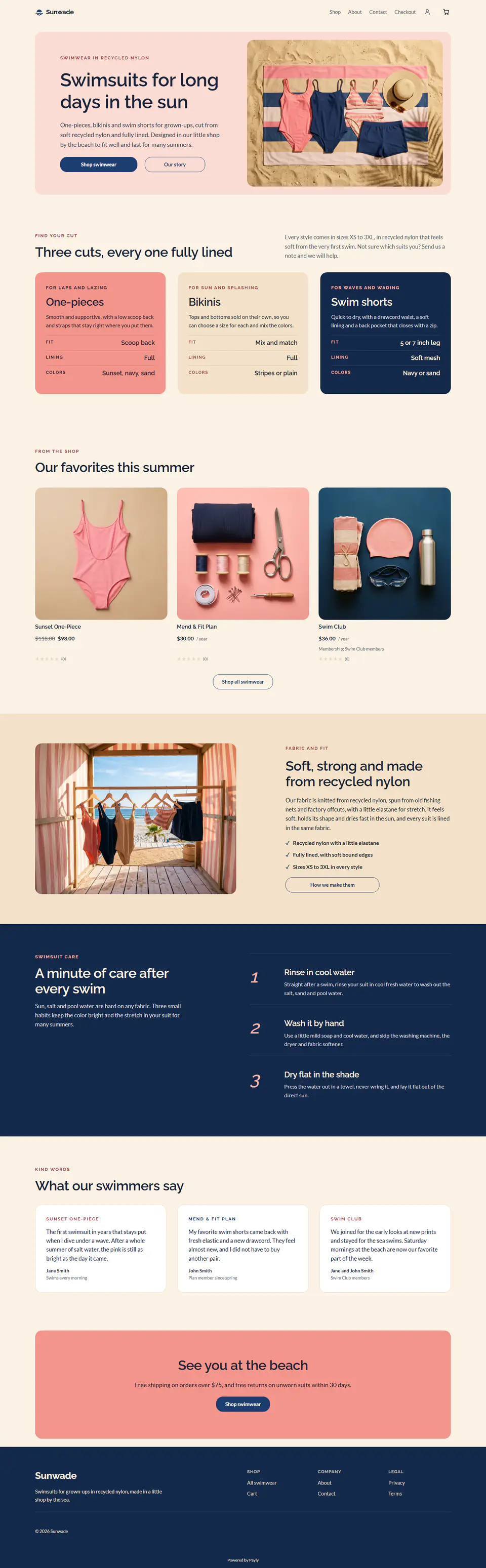 Swimwear store template, the whole home page