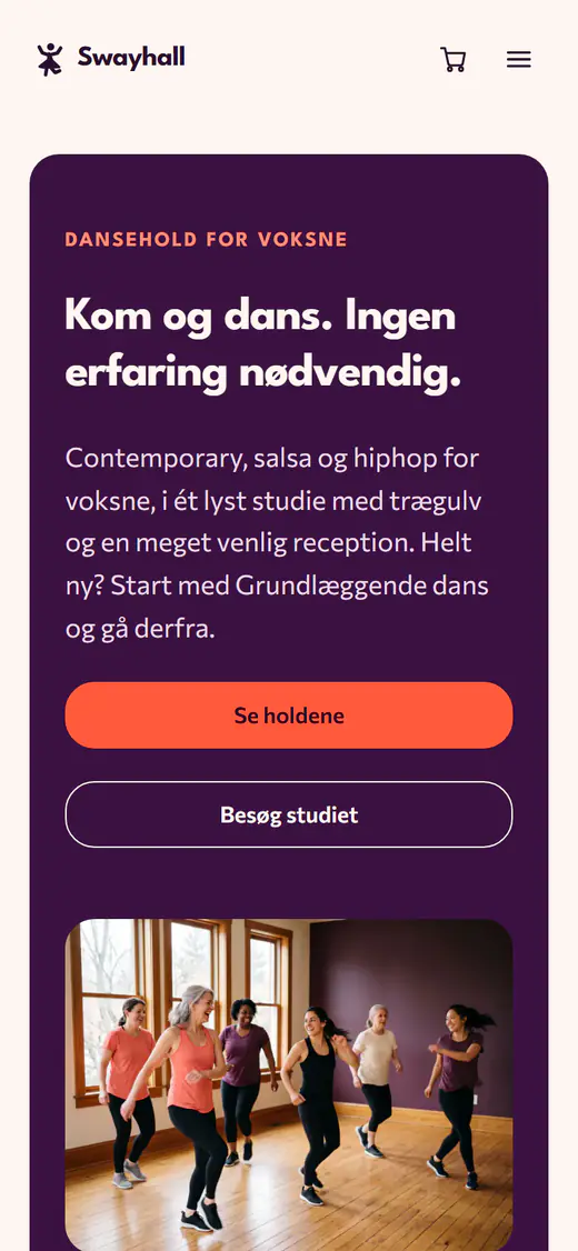 Skabelon til hjemmeside for dansestudie, på en telefon