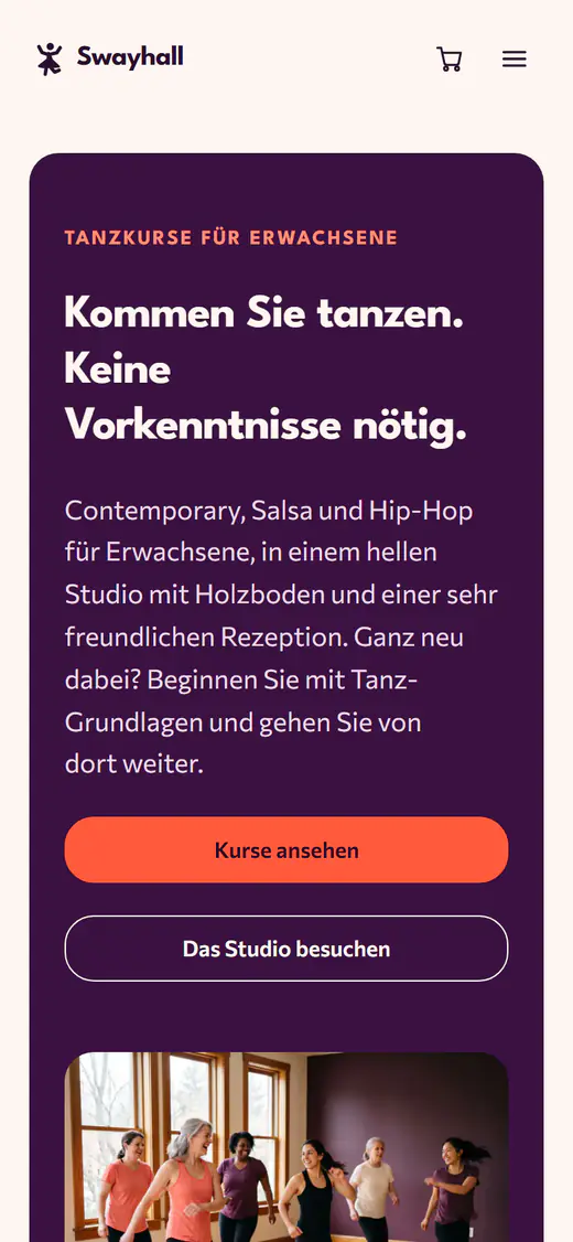 Website-Vorlage für Tanzstudios auf einem Smartphone