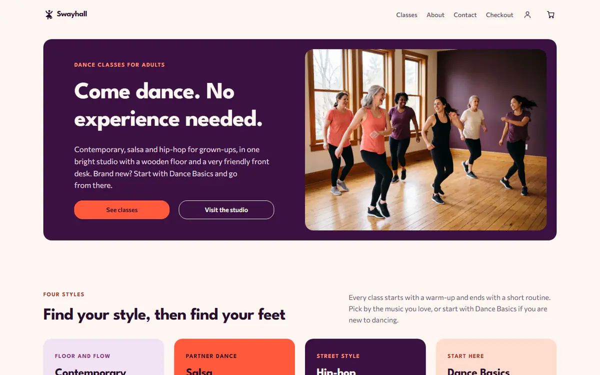 Dance studio website template, on a computer