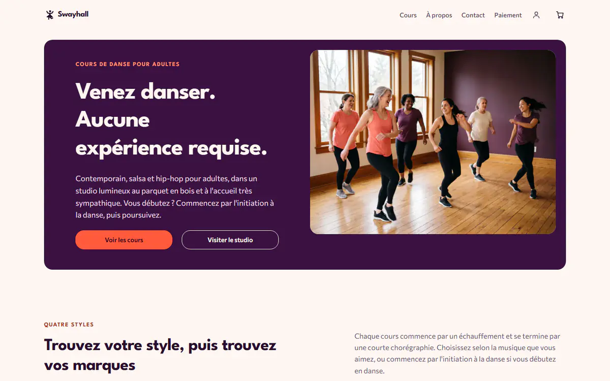 Modèle de site pour studio de danse, sur ordinateur