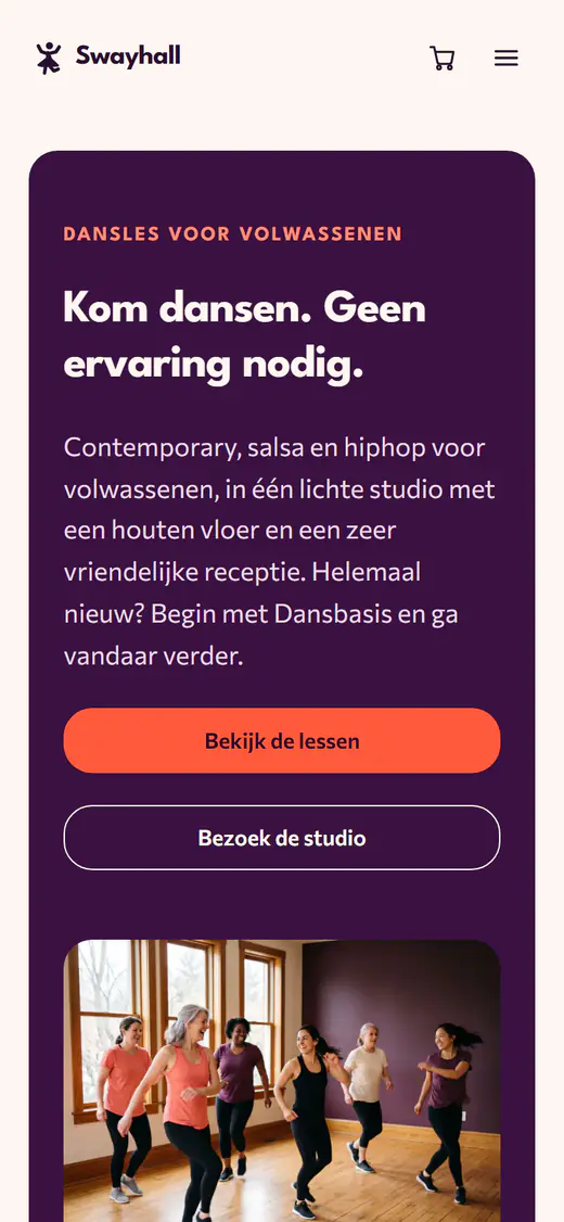Websitesjabloon voor een dansstudio, op een telefoon