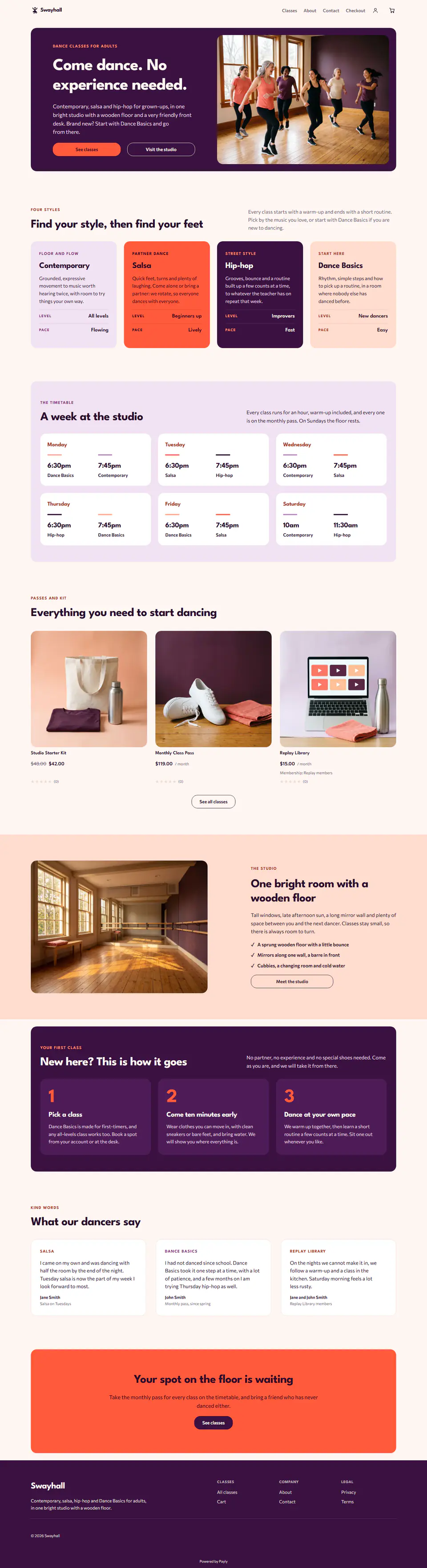 Modelo de site para estúdio de dança, a página inicial completa