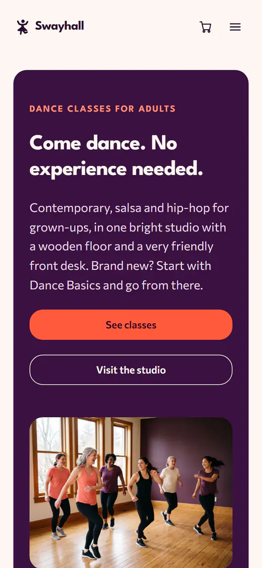 Dance studio website template, on a phone
