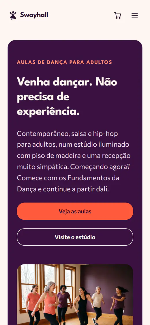Modelo de site para estúdio de dança, no celular