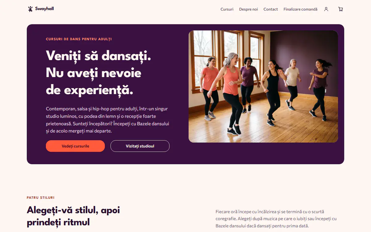 Șablon de site pentru studio de dans, pe calculator