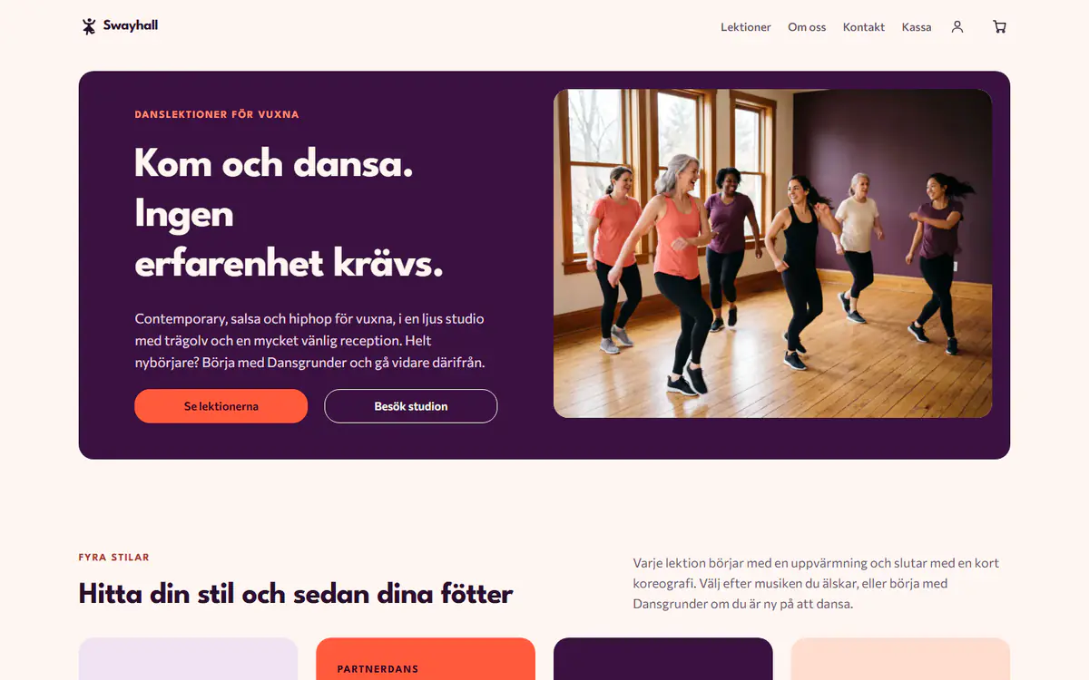 Webbplatsmall för dansstudio, på en dator