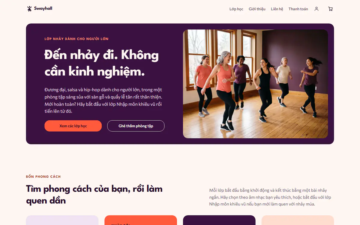 Mẫu trang web phòng tập nhảy, trên máy tính