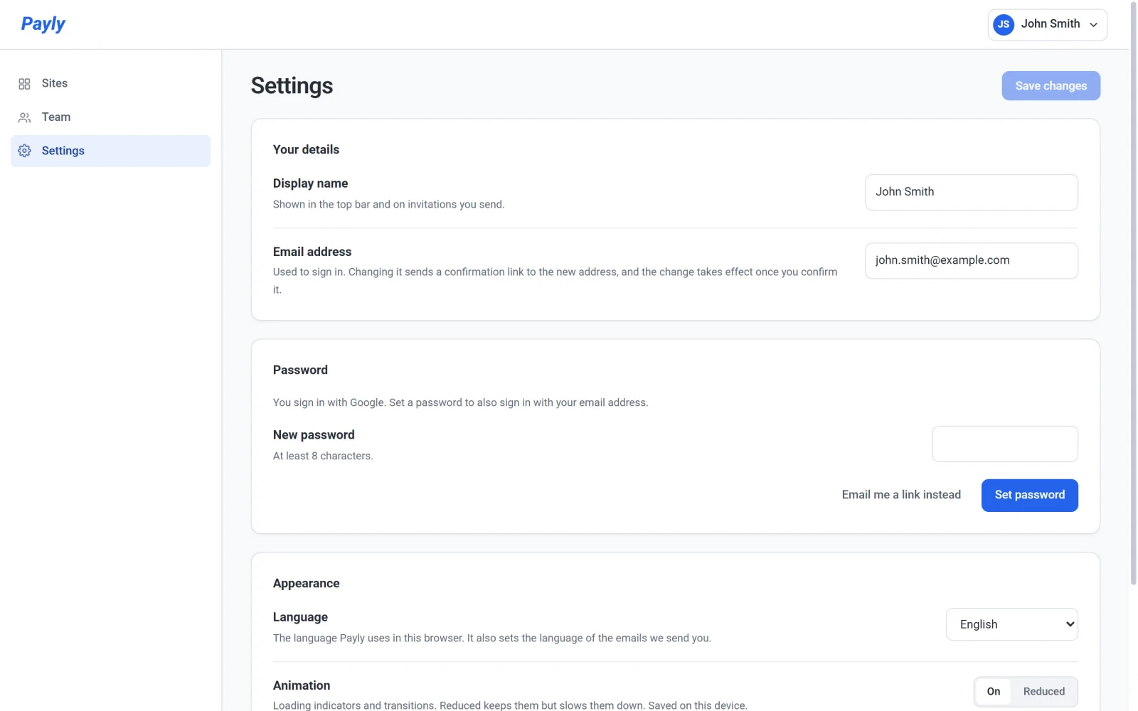 The account Settings screen with the Your details, Password and Appearance sections and a Save changes button at the top right