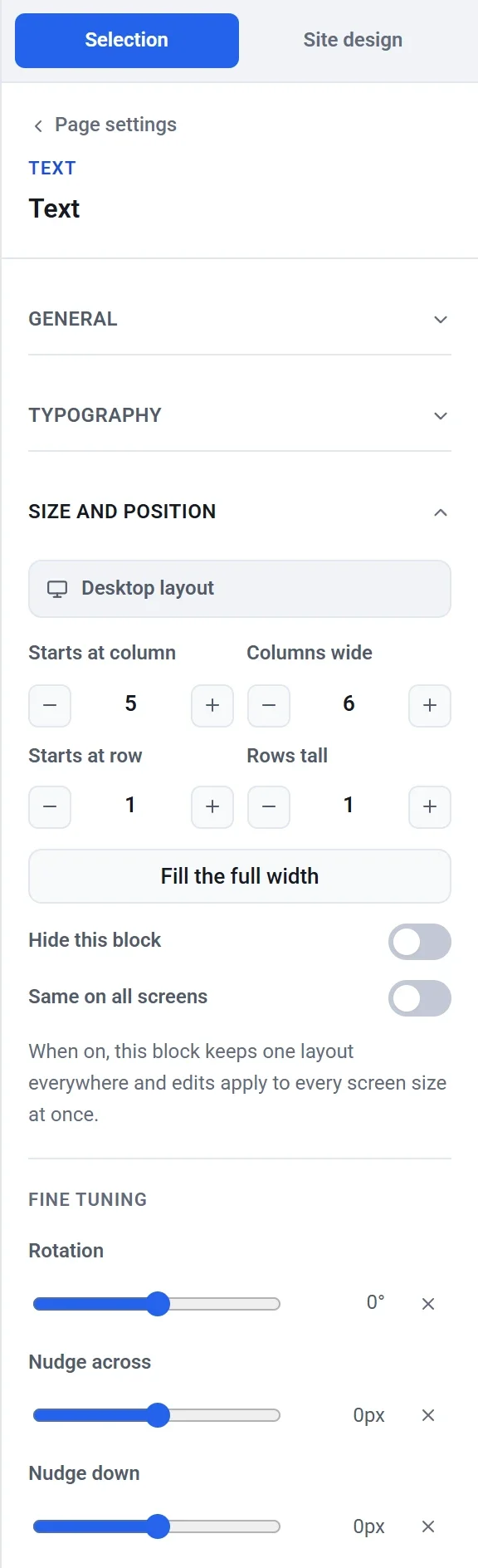 The Size and position settings with Starts at column, Columns wide, Starts at row and Rows tall, the Fill the full width button, two switches and the Fine tuning sliders