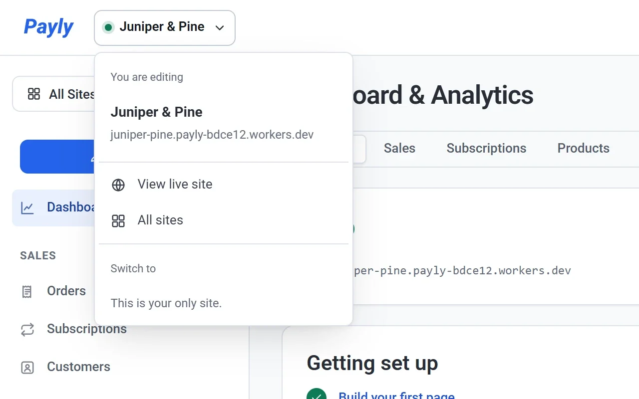The site switcher menu open, showing the site address, View live site, All sites and a Switch to list