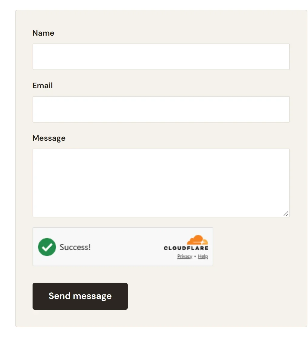 A published contact form with Name, Email and Message fields, a Cloudflare box reading Success and a Send message button