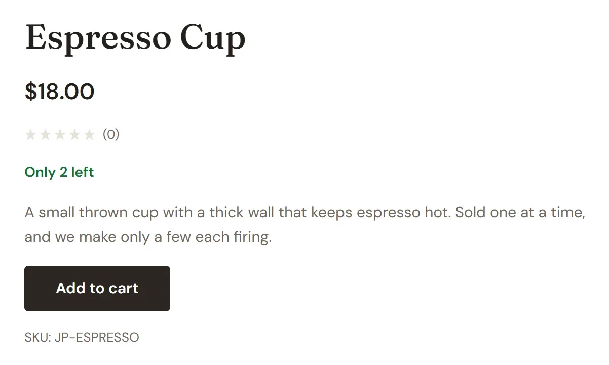 A product page for an Espresso Cup with the note Only 2 left under the price