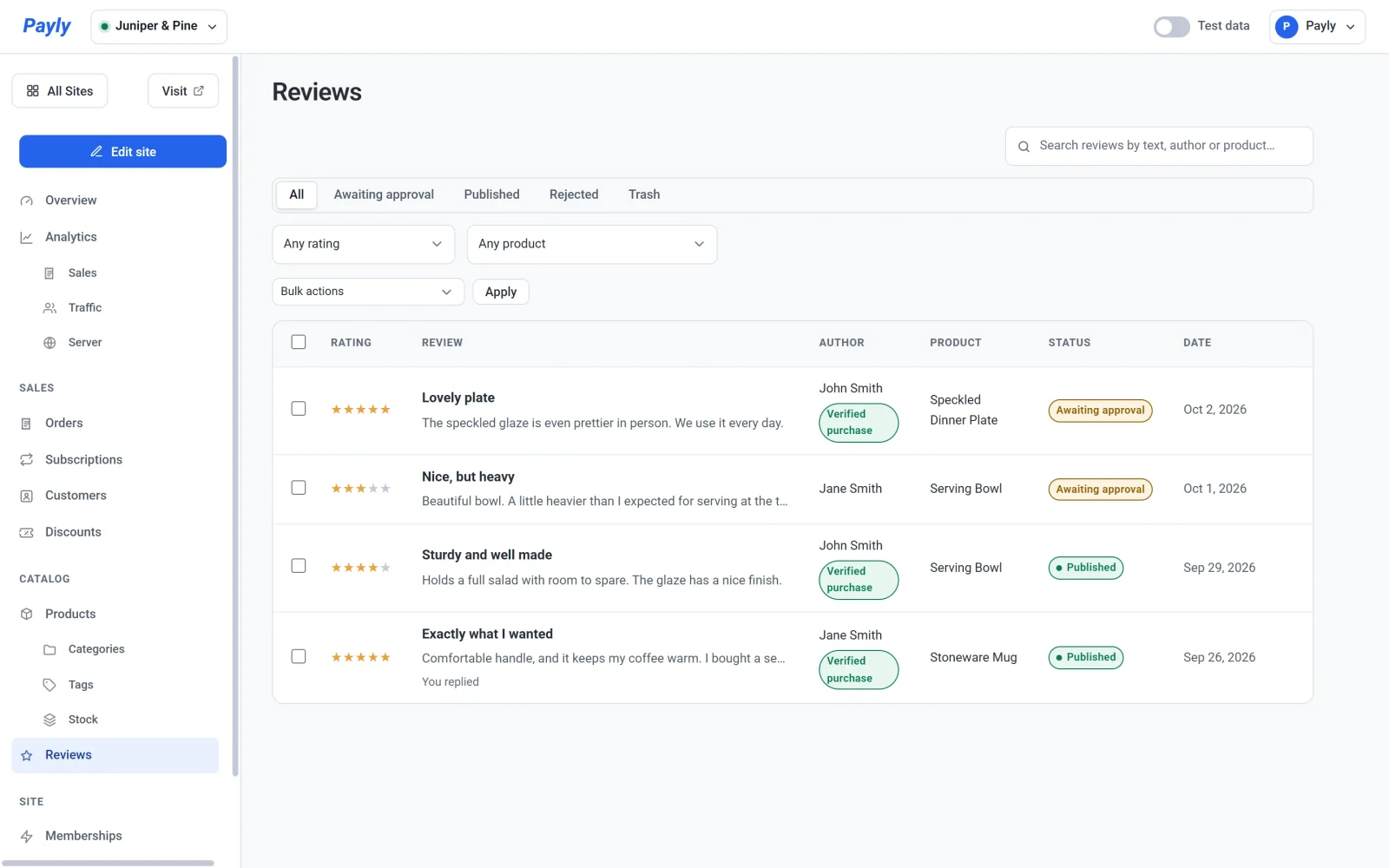The Reviews screen listing four reviews, two awaiting approval and two published, under the tabs All, Awaiting approval, Published, Rejected and Trash