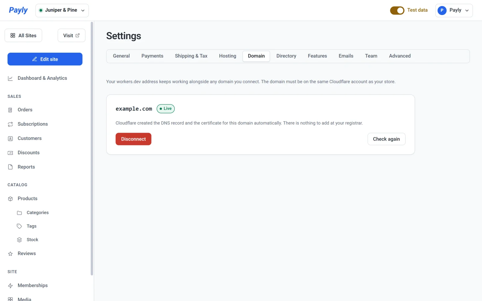 The Domain tab with example.com connected, a green Live label, a note that Cloudflare created the DNS record and certificate, and the Disconnect and Check again buttons