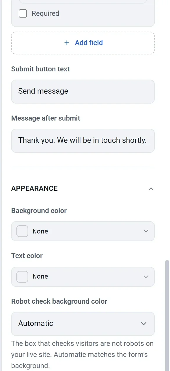 The lower part of the form settings, with Add field, Submit button text, Message after submit and the Appearance colors