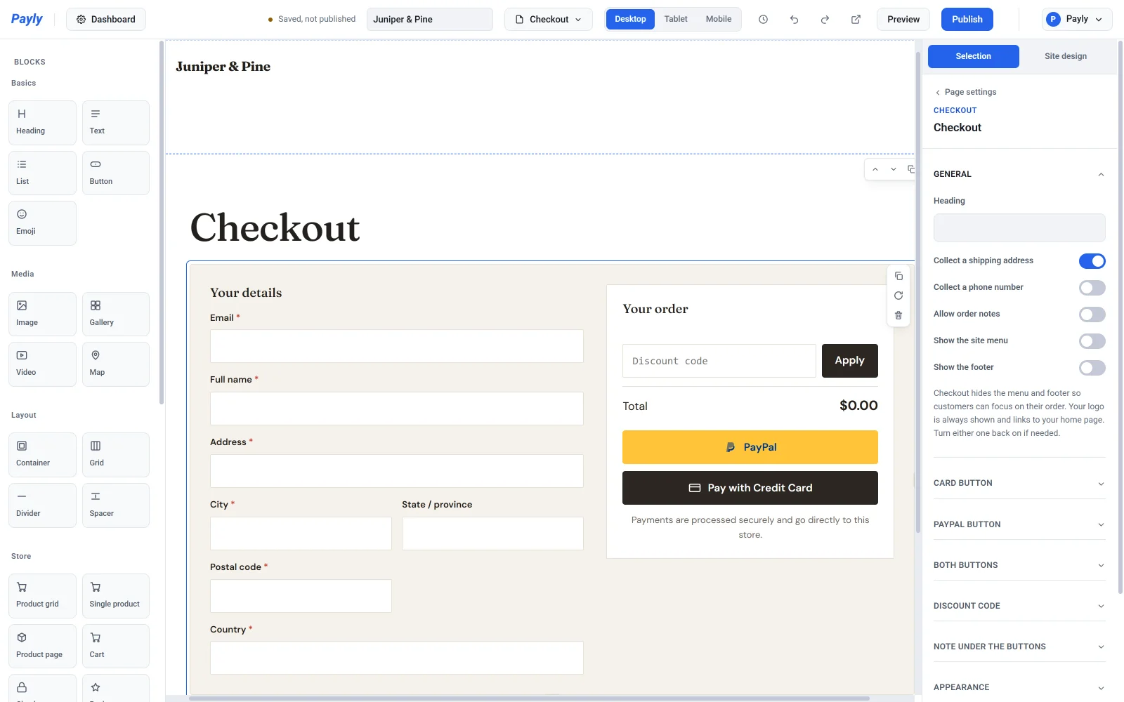 The Checkout block selected in the editor, with its details form, order summary and pay buttons, and its settings in the panel