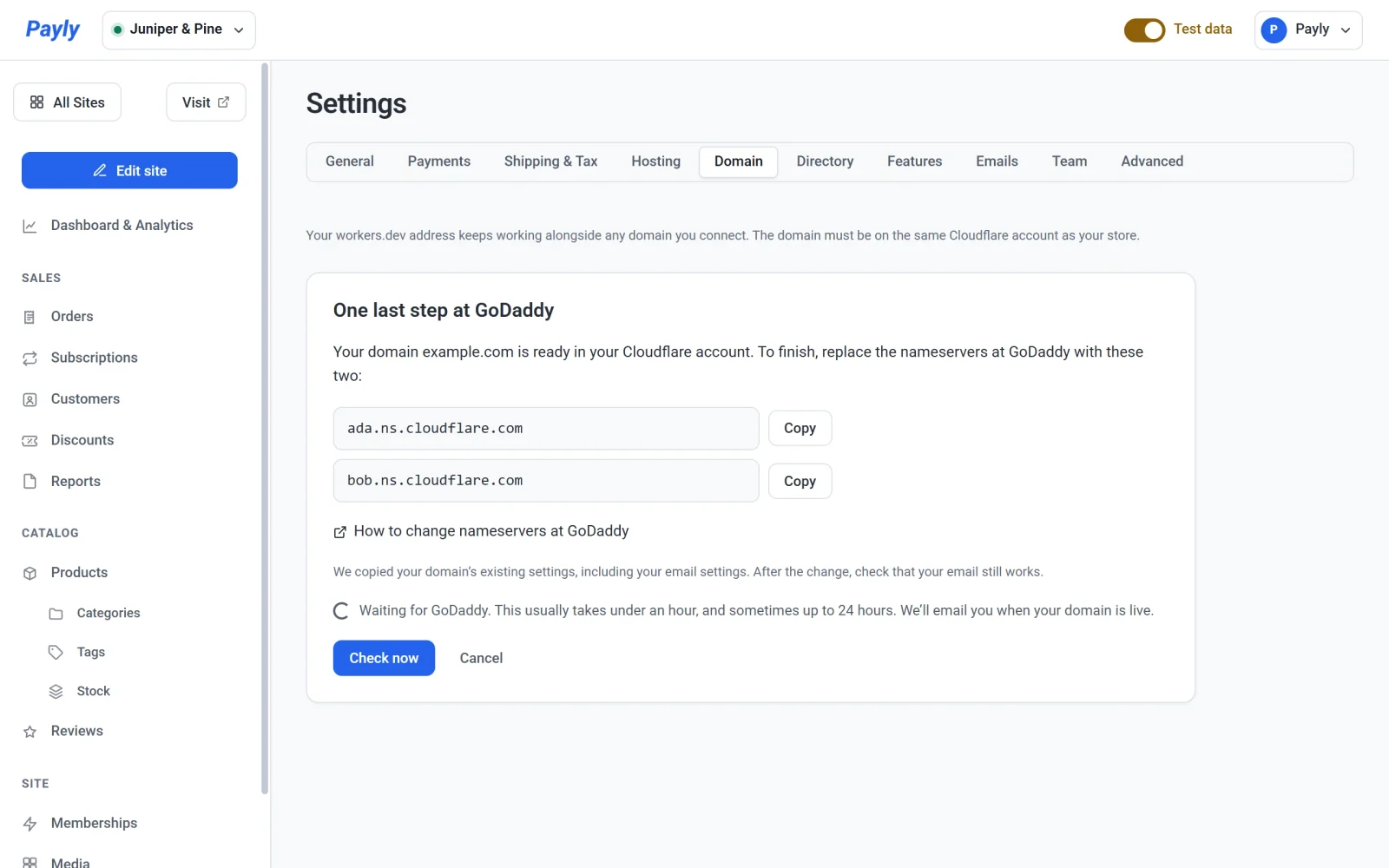 The Domain tab showing One last step at GoDaddy, with two nameservers and a Copy button for each, the How to change nameservers at GoDaddy link, a note that your email settings were copied, the status Waiting for GoDaddy, and the Check now and Cancel buttons