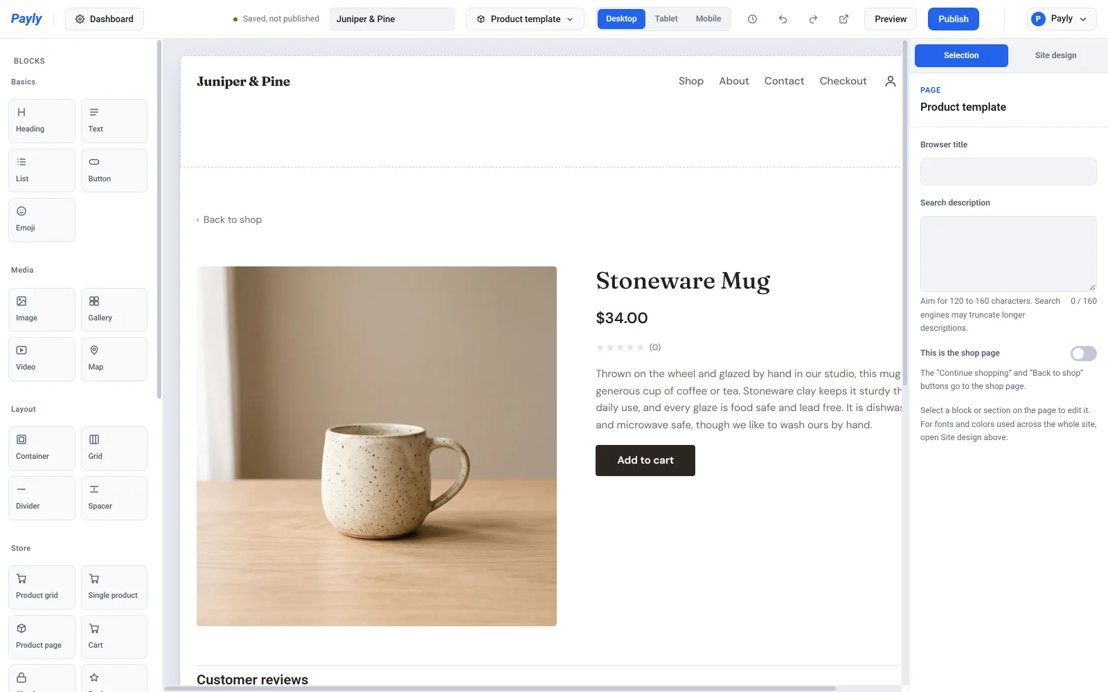 The Product template in the editor, showing the Stoneware Mug with its photo, price, description and Add to cart button
