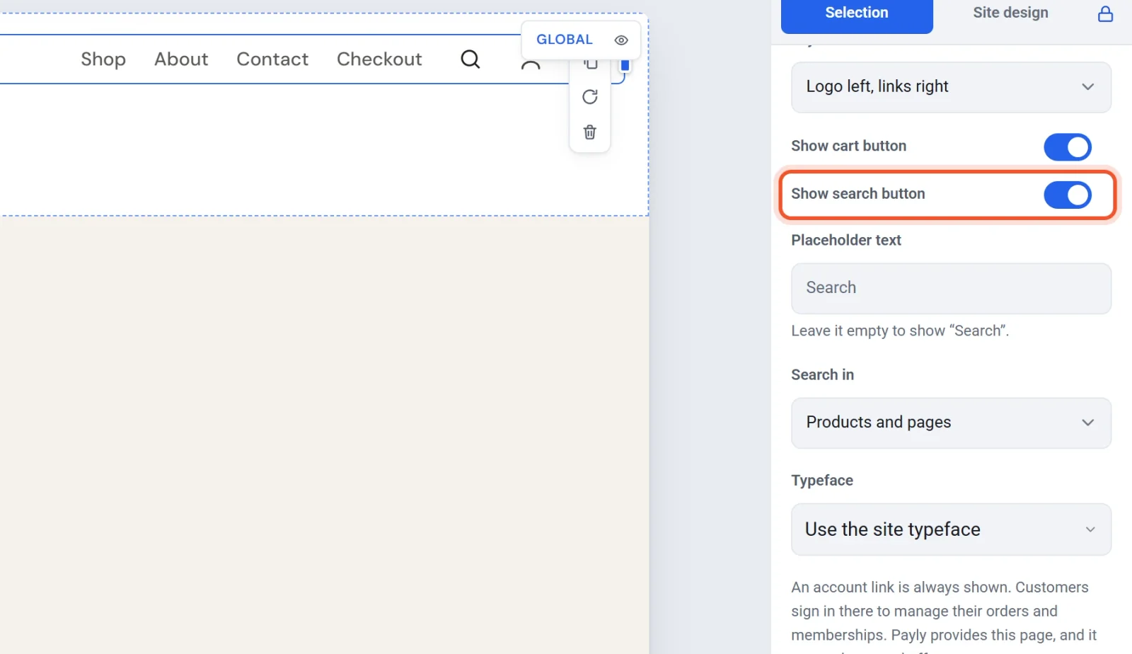 The Navigation settings with Show search button turned on, Placeholder text and Search in under it, and a magnifying glass in the header beside the account and cart icons