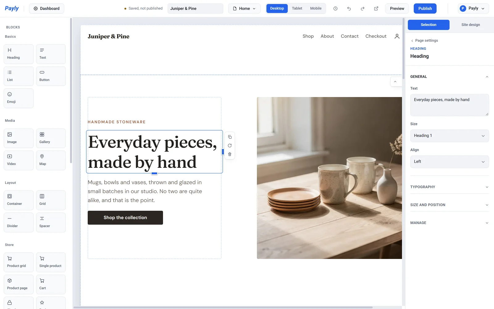 The editor with the main heading selected, showing its toolbar on the page and its General settings open on the right