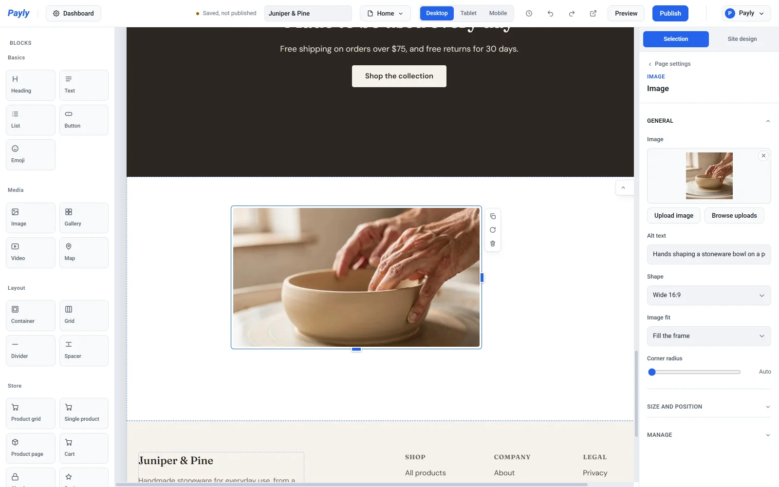 An Image block on the page showing a photo of hands shaping a bowl, with its settings and alt text on the right
