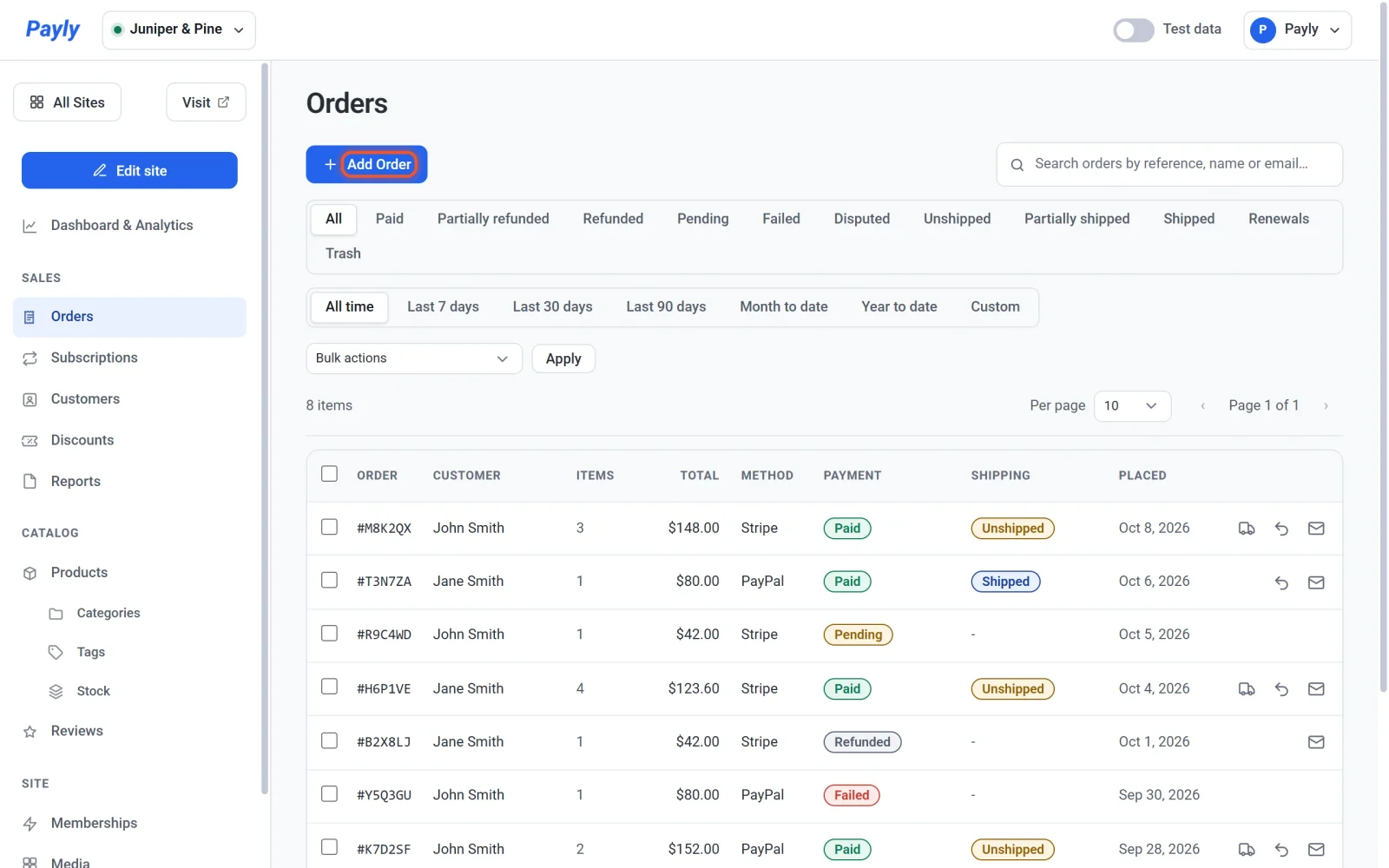 The Orders screen with the Add Order button highlighted