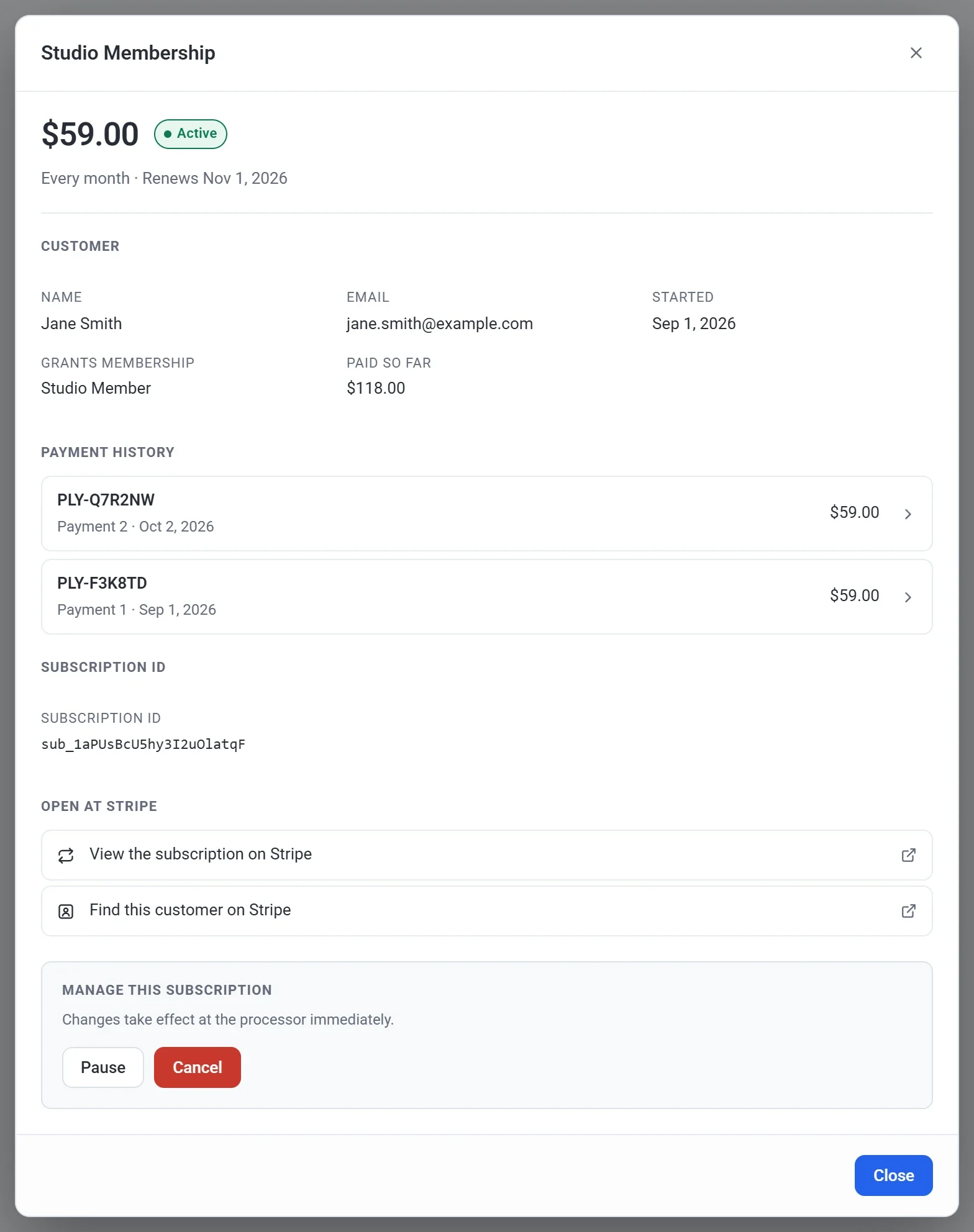 The window for Jane Smith's Studio Membership, showing the amount, the Active status, the customer, the payment history, the Stripe links and the Manage this subscription box with the Pause and Cancel buttons
