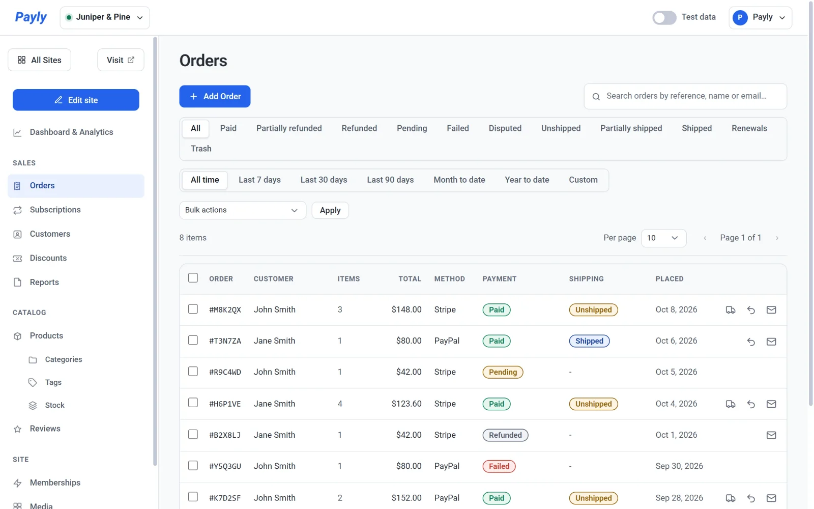 The Orders screen listing orders, newest first, under the status bar and the date bar