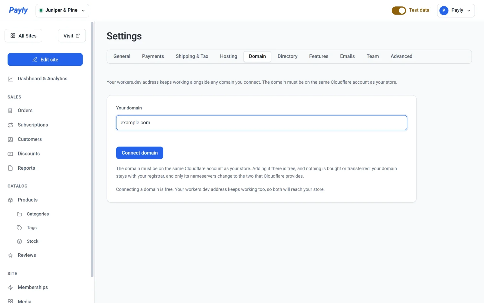 The Domain tab in Settings with example.com typed into the Your domain field and the Connect domain button below it