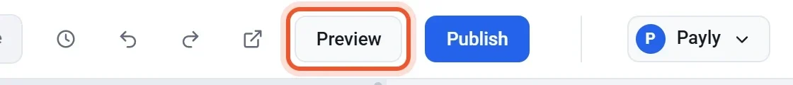 The right side of the editor top bar with the Preview button highlighted next to the Publish button