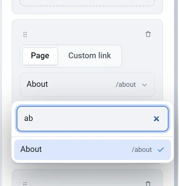 The page list open on a menu link, with the word ab typed in the search box and the About page shown