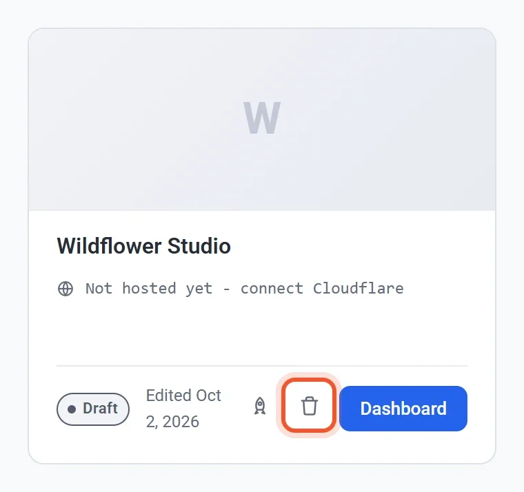 A site card on the Your sites screen, with the trash button highlighted next to the Dashboard button