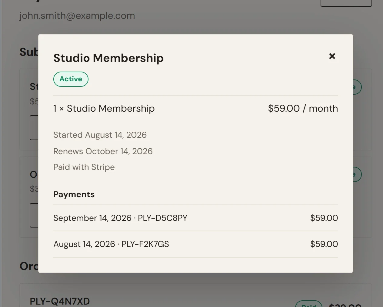 The window for the Studio Membership subscription, showing Active, 1 x Studio Membership at $59.00 / month, the start date, the renewal date, Paid with Stripe and a Payments list with two payments