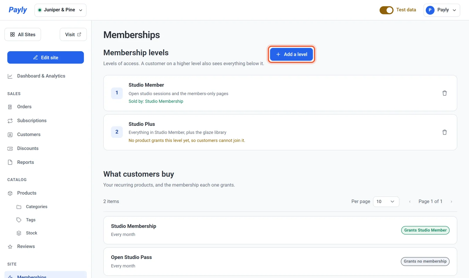 The Memberships screen with two levels: Studio Member at level 1, sold by Studio Membership, and Studio Plus at level 2, which no product grants yet