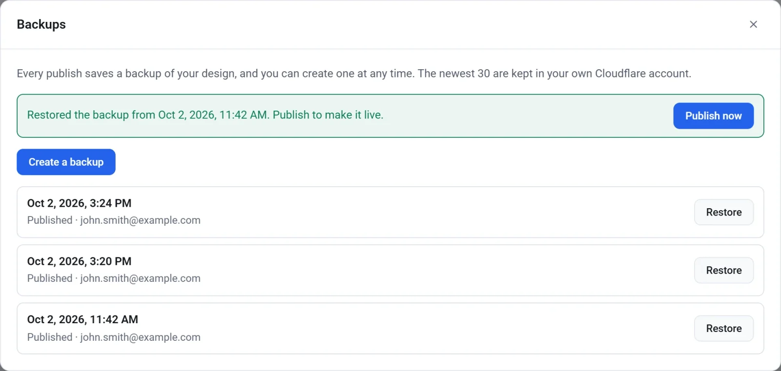 The Backups window with a message saying the backup was restored, and a Publish now button