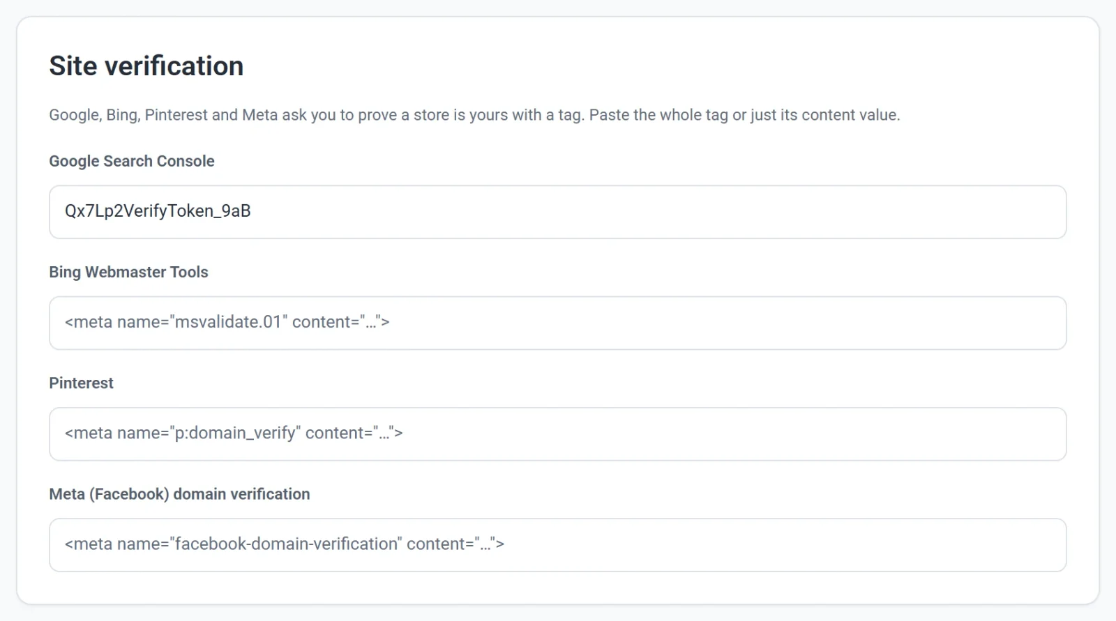 The Site verification card on the Integrations screen, with boxes for Google Search Console, Bing Webmaster Tools, Pinterest and Meta, and a Google tag pasted in