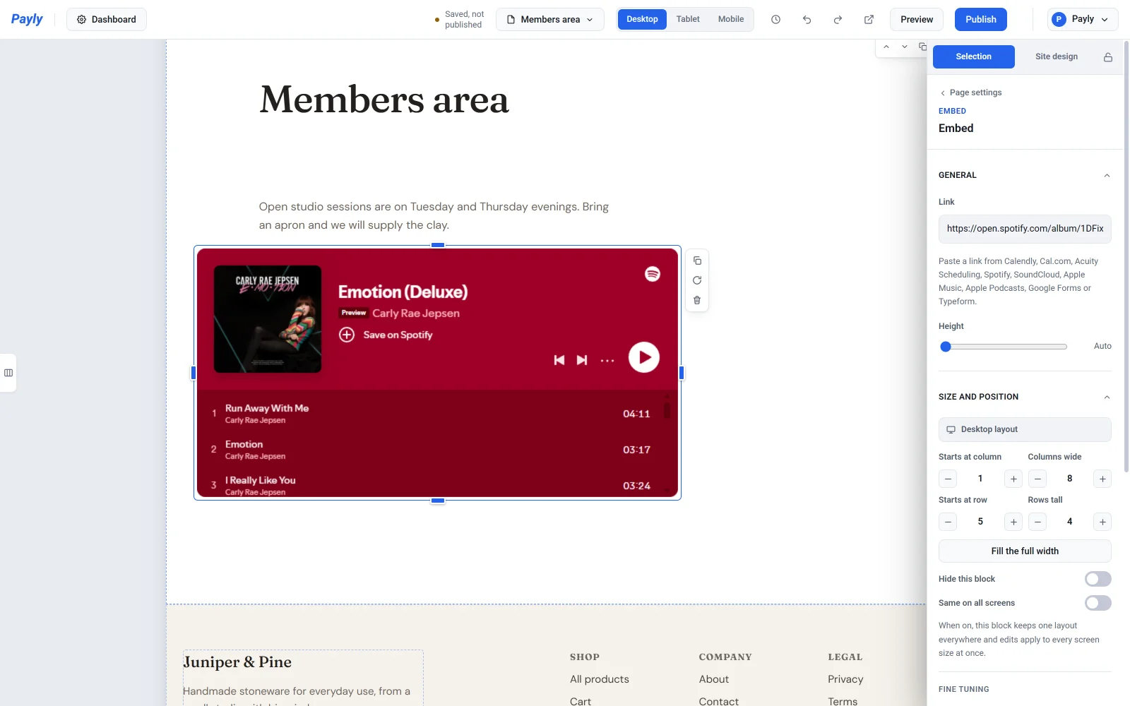 The editor with an Embed block showing a Spotify player, and the block's Link, list of services and Height settings on the right