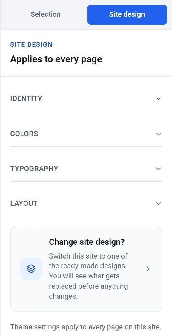 The bottom of the Site design tab, with the Change site design card under the Identity, Colors, Typography and Layout groups