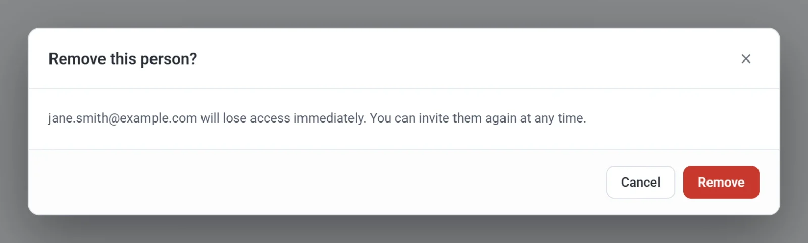 The Remove this person dialog, saying jane.smith@example.com will lose access immediately