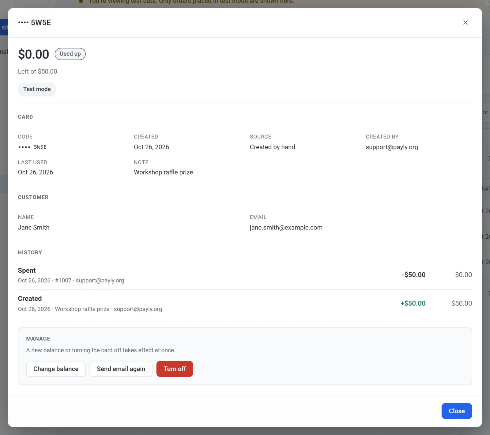 A gift card's window: $0.00 left of $50.00 and Used up, the card's code, source and note, the customer, its history with Created and Spent, and the Change balance, Send email again and Turn off buttons