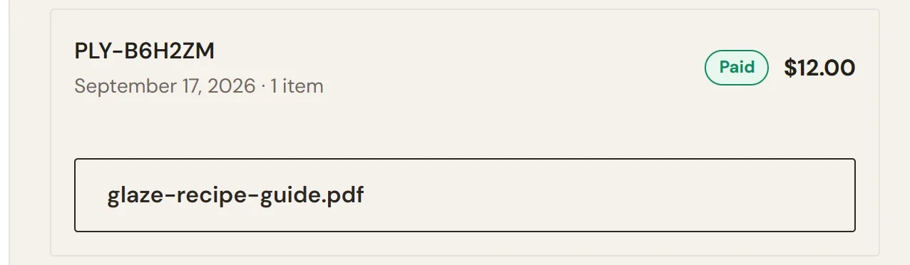 An order in My account for the Glaze Recipe Guide, marked Paid at $12.00, with a download button named glaze-recipe-guide.pdf under it