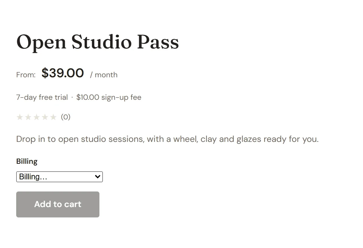A product page showing From $39.00 per month, a 7-day free trial and a $10.00 sign-up fee, with a Billing drop-down that has not been chosen yet